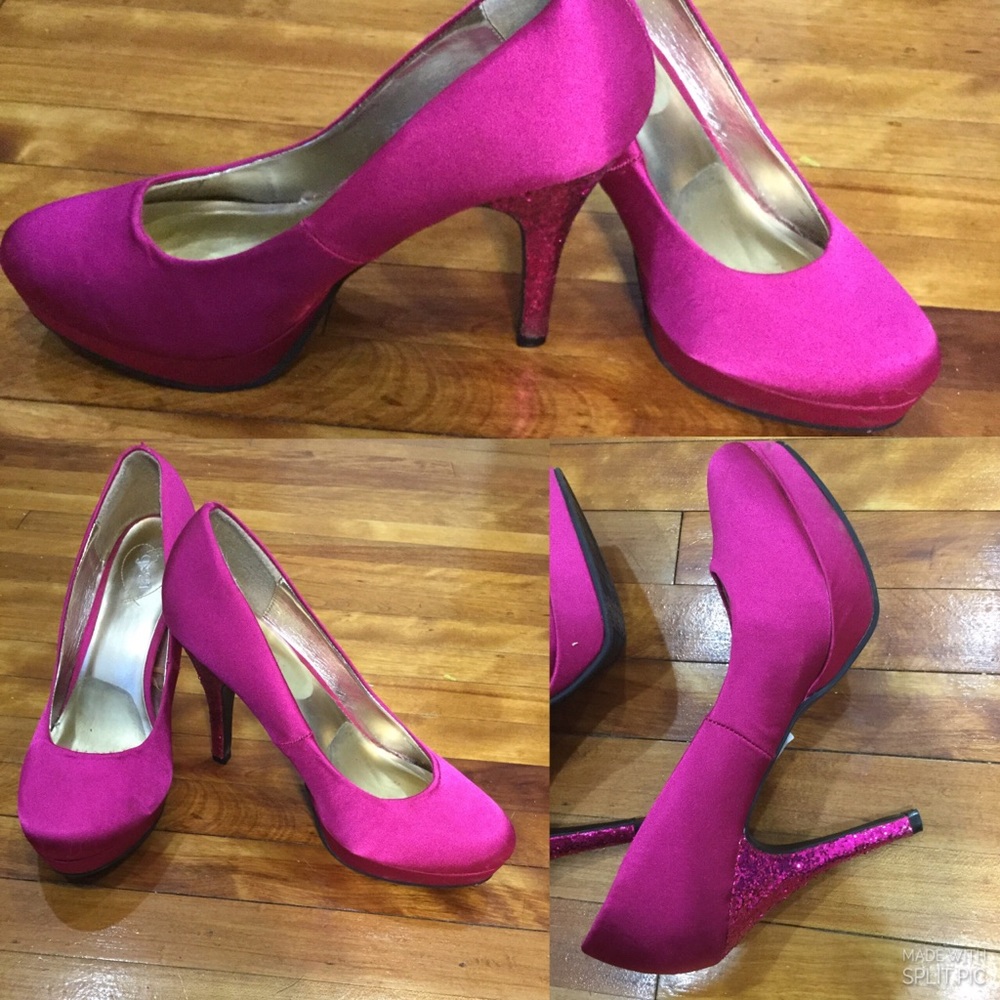 G21 Fuchsia Silk Fabric glittered stiletto Heel